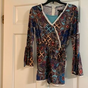 Aqua and red Lind sleeved shorts one piece